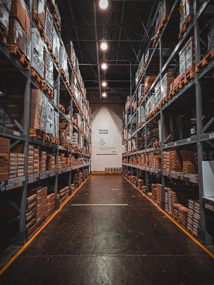 Services A well-organized warehouse aisle with stacks of goods on industrial storage racks, ensuring efficient logistics.